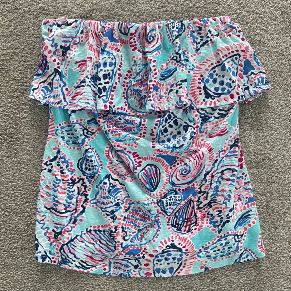 Lilly Pulitzer Blue and Pink Ruffled Off-the-Shoulder Blouse